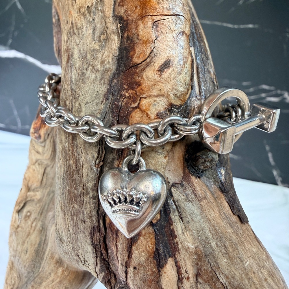 Juicy Couture Silver Tone Puffy Heart Crown Charm Toggle Bracelet